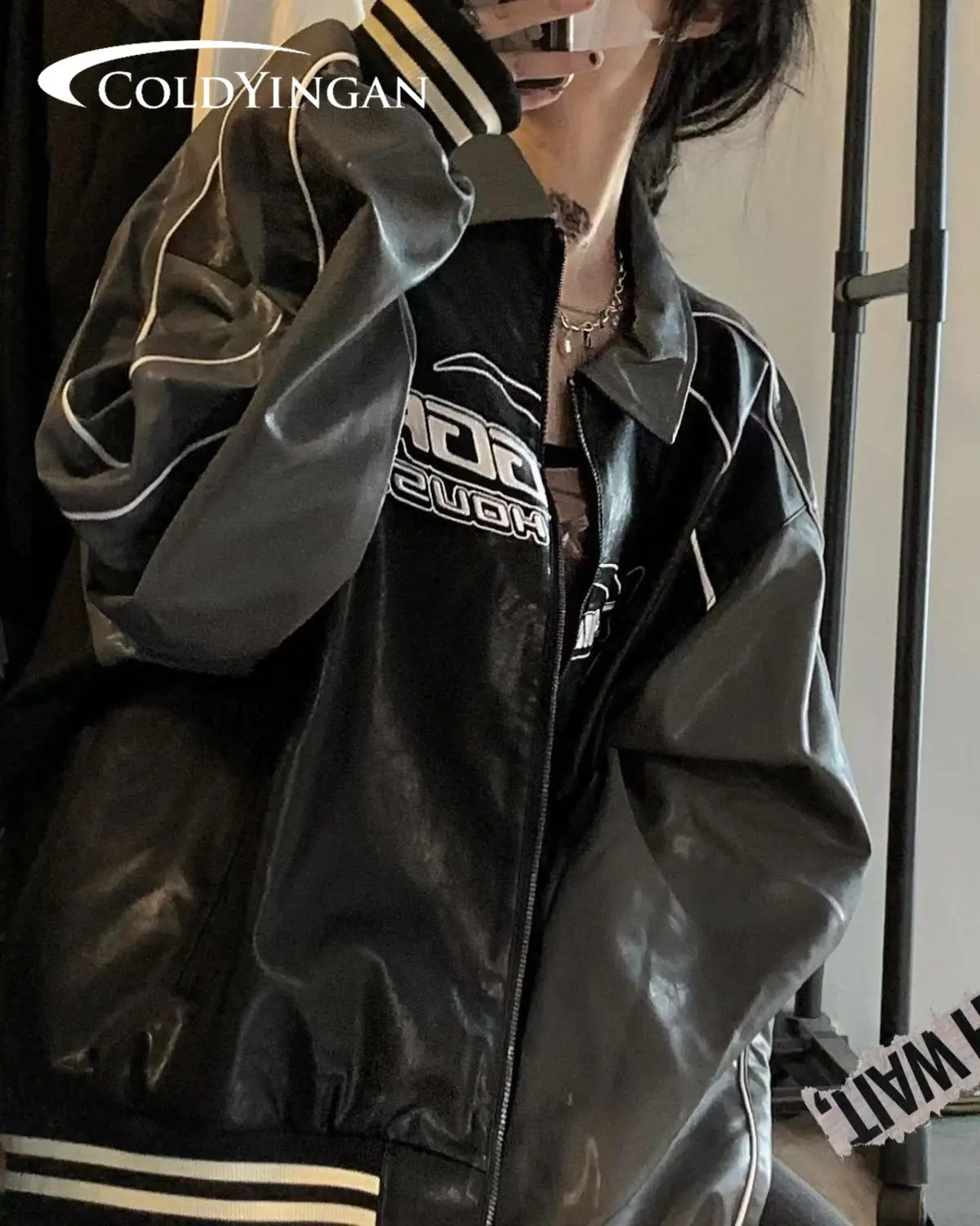 COLDYINGAN Bomber Woman Varsity Jacket American Vintage Motorcycle Leather  Jacket Couple Embroidered Color Matching Coat Met