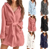 Women Bath Robe Winter Fluffy Plush Pyjamas Ladies Sexy Hooded Dressing Solid Color Gown Warm Bathrobe Female Home Clothing 2