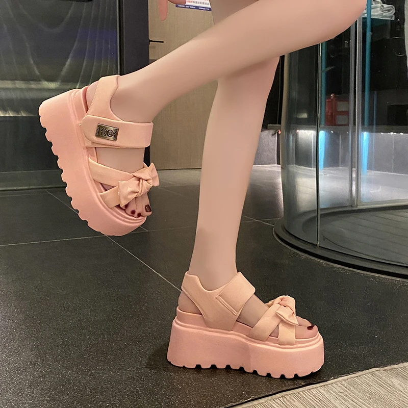 Aphixta Sweet 8cm Heels Platform Sandals Butterfly Knot Hook Loop Women Wedge Heel Shoes Thick Bottom Sandals Woman Luxury