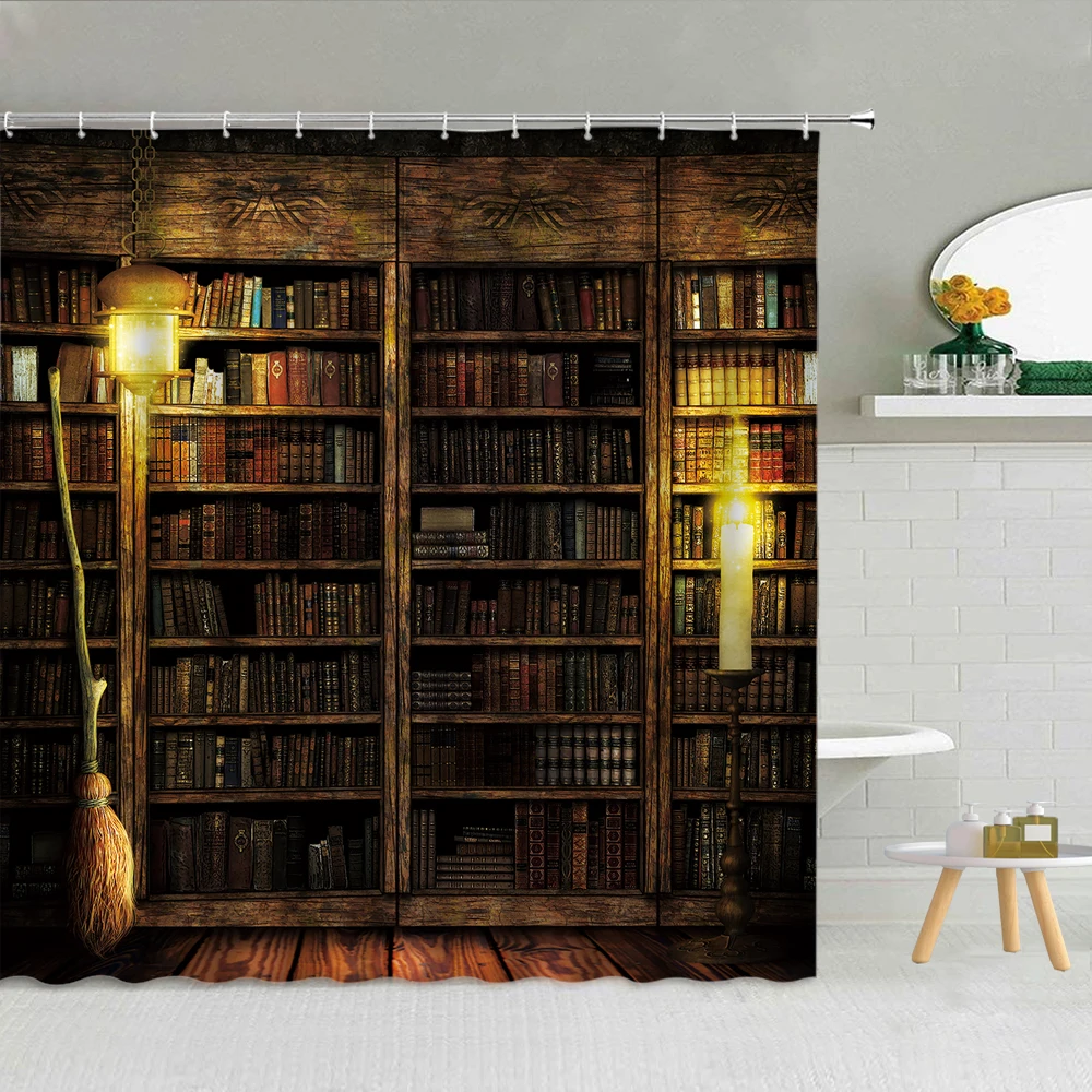 Vintage Library Books Photo Shower Curtain Magic Bookshelf Printing Bathroom Decor Curtains Set Waterproof Fabric With Hooks