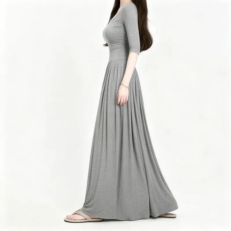 Women's Summer Drape Elastic Long Dress Comfortable, Thin and High Long Dress U-neck A-shaped Skirt Slim-fitting Big Swing Skirt