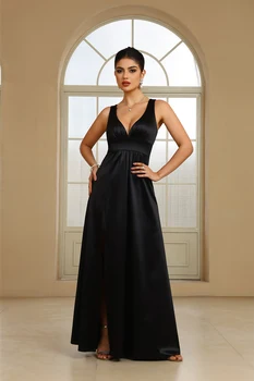 BABYONLINE فساتين سهرة متوفرة للنساء باللون الأسود ورقبة على شكل V عميقة وفتحة طويلة فساتين رسمية أنيقة لحفلات الزفاف والحفلات الراقصة 5
