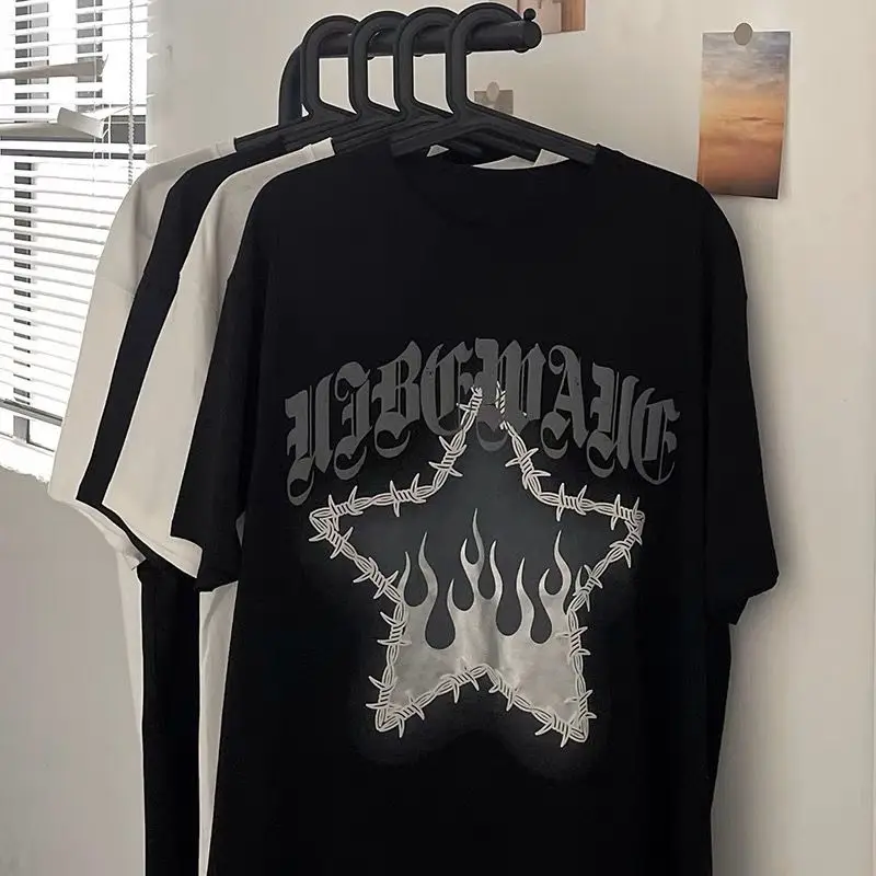 

American hiphop high street fashion pattern printed short sleeved t shirt for men and women in summer new loose design couple