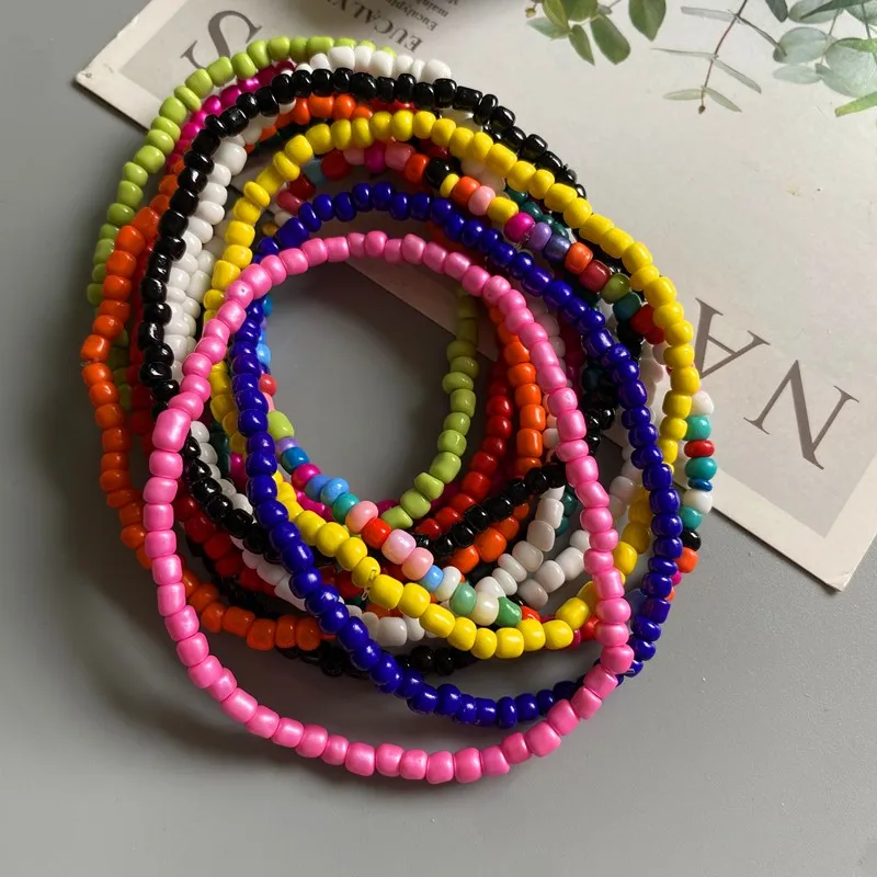 Y2K Seed Bead Stretch Bracelets Pink Purple Blue Yellow Handmade 4 PCs