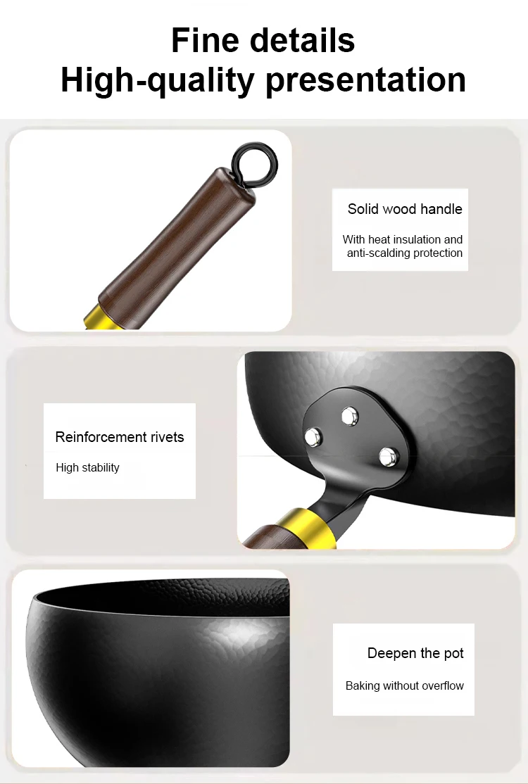 Handmade Pure Iron Non-Stick Frying Pan - Big Belly Flat Bottom Cookware for Gas Stove