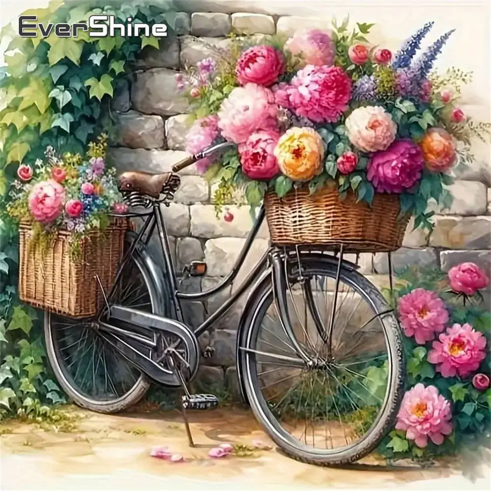 Evershine Diamond Mosaic Bicycle Landscape DIY Diamond Painting Peony Flower Pattern For Adults Beginners Handmade Gift 1