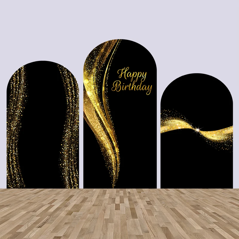 Ouro Glitter Tema Preto Arco Pano de Fundo Feliz Aniversário Arqueado Parede Chiara Cobre Fundo para Adulto Photocall