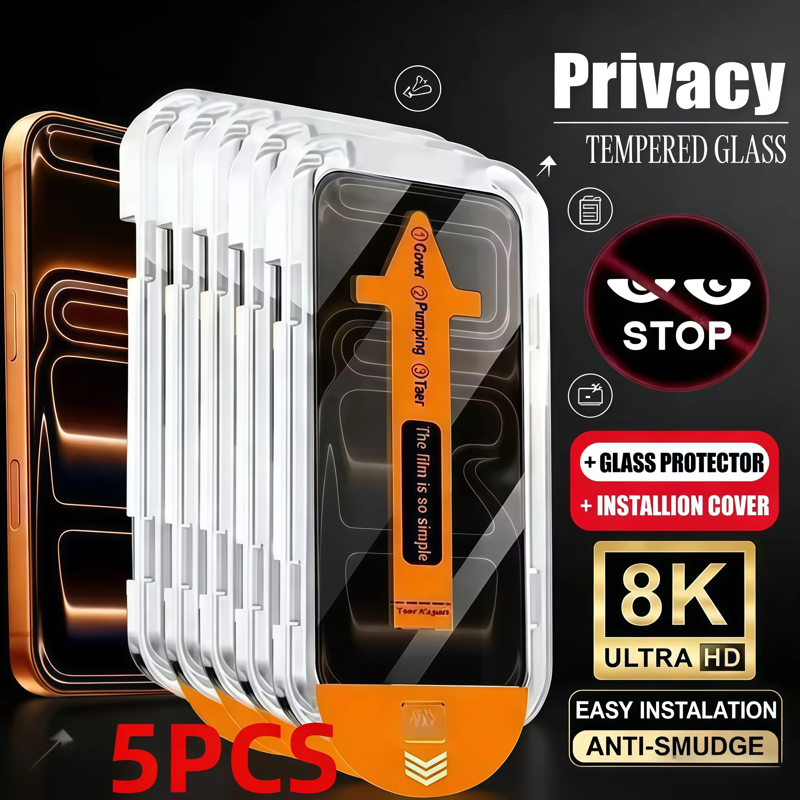 5PCS Anti-Spy Tempered Glass Dust Free Installation Protector for iPhone17 16 15 14 13 12 11Pro Max XR XS 16 15 14Plus 17Air