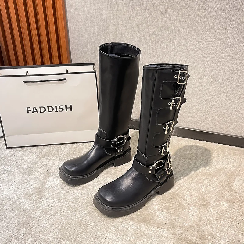 Cow Leather Women Boots Buckle Strap Middle Boots Europe Flat Heel Boots