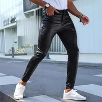 Pantalon Long en cuir pour hommes, coupe cintrée, motard d'extérieur, pantalon en cuir PU, jean serré, pantalon à pieds, Style rétro, tissu mixte 2