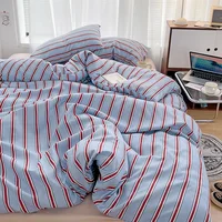 Ensemble de literie quatre pièces en coton lavé, housse simple à rayures rouges et bleues, drap de lit pour le lit 5