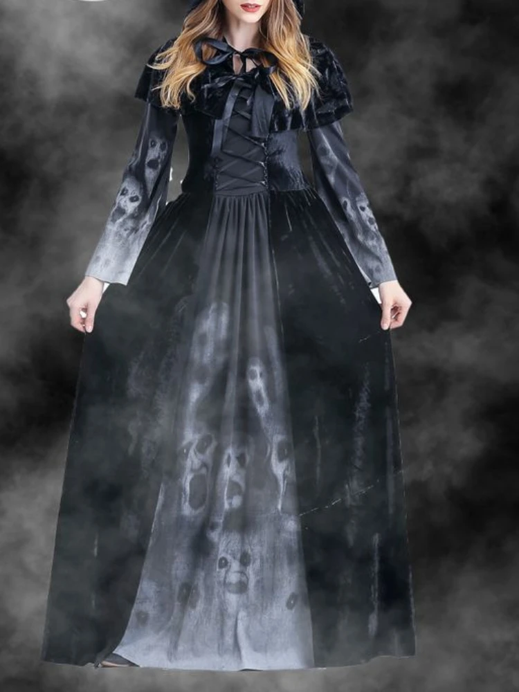 

2024 New Dark Retro Gothic Women Halloween Witch Costume Headwear Hat Veil Vampire Bride Long Sleeve Dress Horror Party Clothing