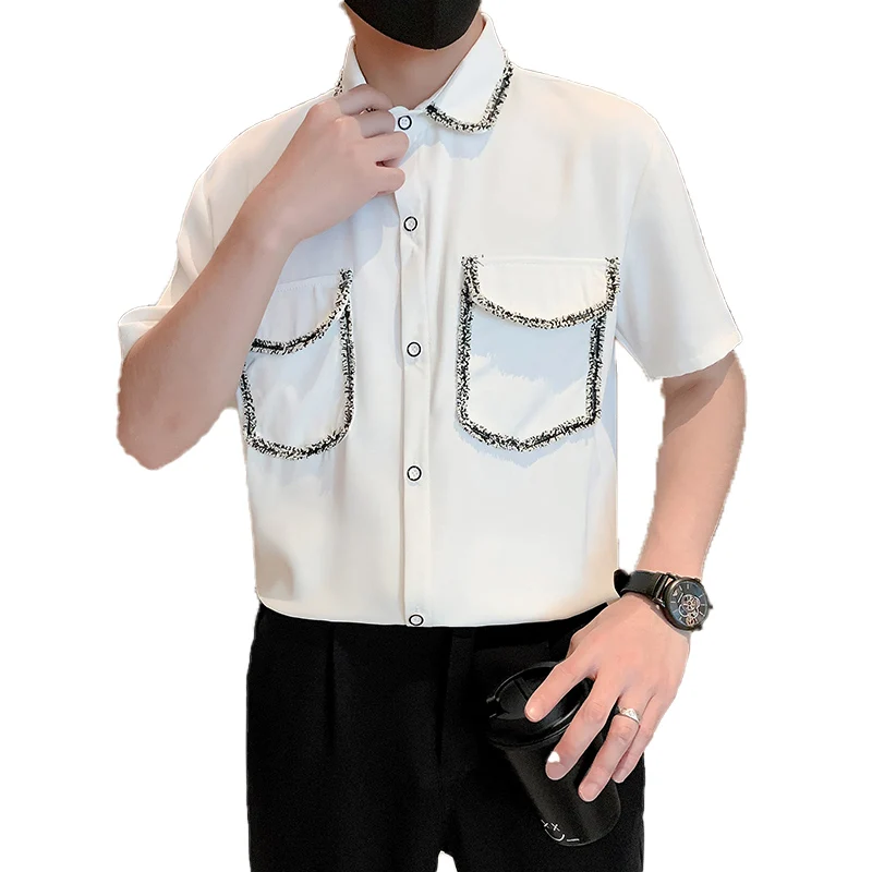 2023 Summer Ice Silk Shirt for Men Short Sleeve Loose Casual Shirts Fashion Streetwear Social Party Tuxedo Blouse Men Clothing