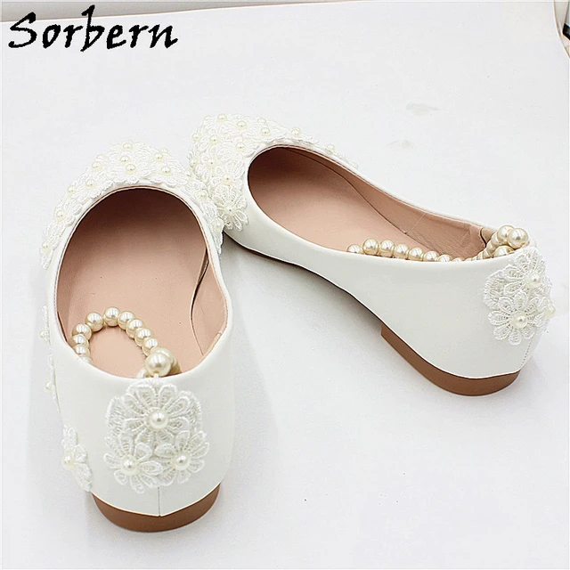 Sorbern White Flower Wedding Shoes Flat Heels 3Cm 5Cm 8Cm Kitten Heel Shoe Beading Straps Elastic Comfy Bridesmaid Girls Shoe 4