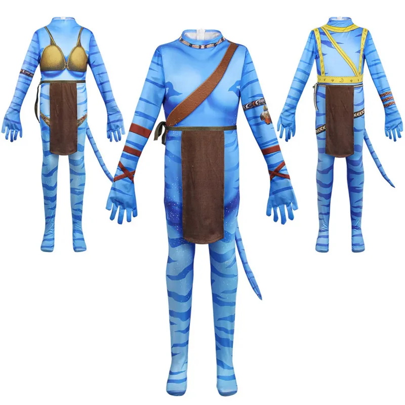 

Boys Girls Avatar 2 Cosplay Jumpsuit with Tail Avatar: The Way of Water Costume Child Zenti Party Halloween Bodysuit Party Kids