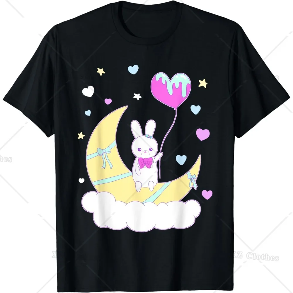 

Kawaii Fashion Goth Bunny on The Moon Round Neck and Short Sleeve Tee Clothing T-Shirt for Women Kids