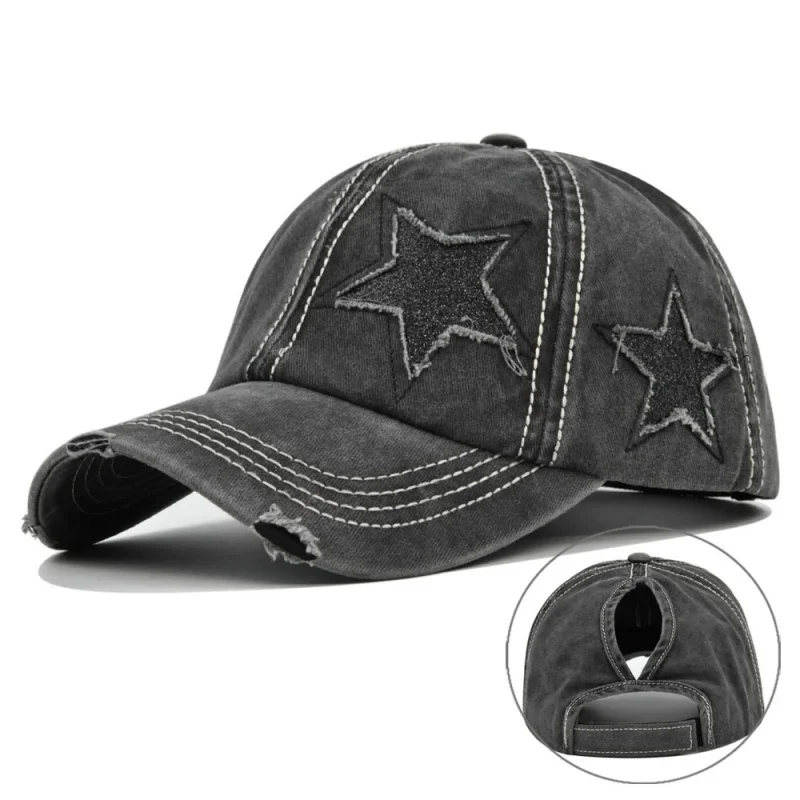 Women Ponytail Baseball Cap Washed Cotton Sun Hat Pentagram Sequins Hip Hop Snapback Hats Adjustable Sport Golf Hat