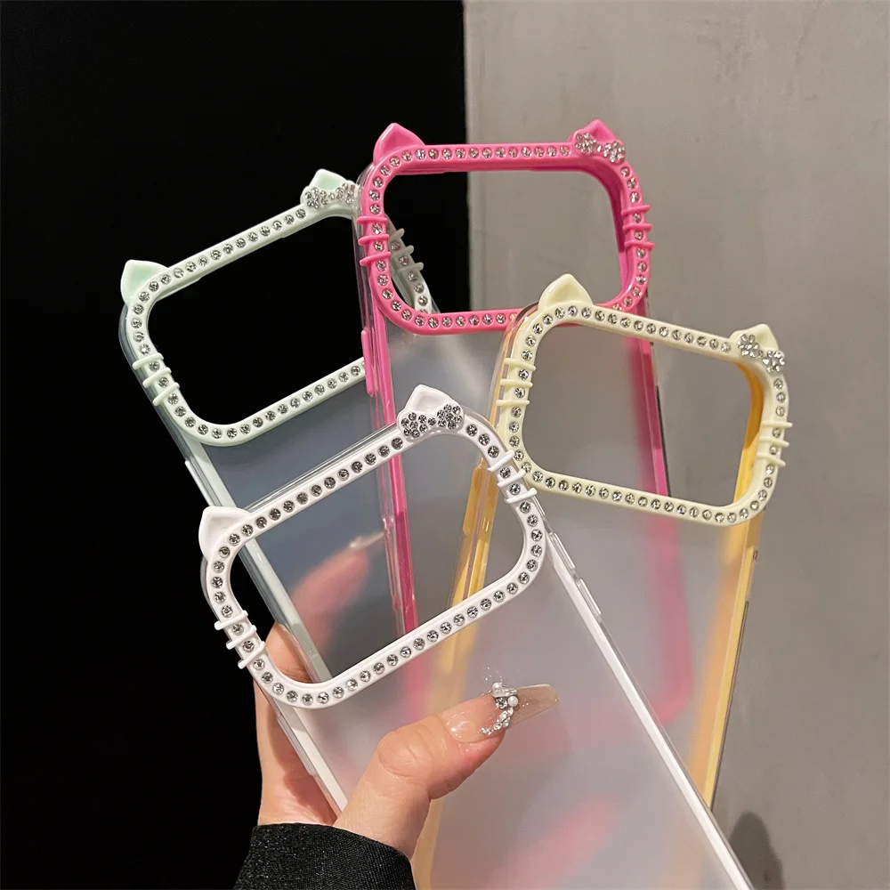 Luxury Rhinestone Cat Ears Matte Transparent Phone Case with Candy Color Bumper