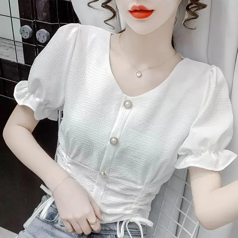 Fashion V-Neck Button Folds Bandage Puff Sleeve Blouse Female Clothing 2024 Summer New Office Lady Tops Solid Color Sweet Shirt