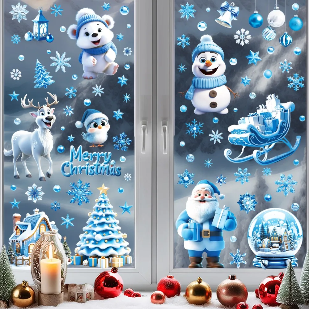 9 Sheets Festive Christmas Window Clings Merry Christmas Stickers for Glass Windows Snowflake Reindeer for Indoor Decorations