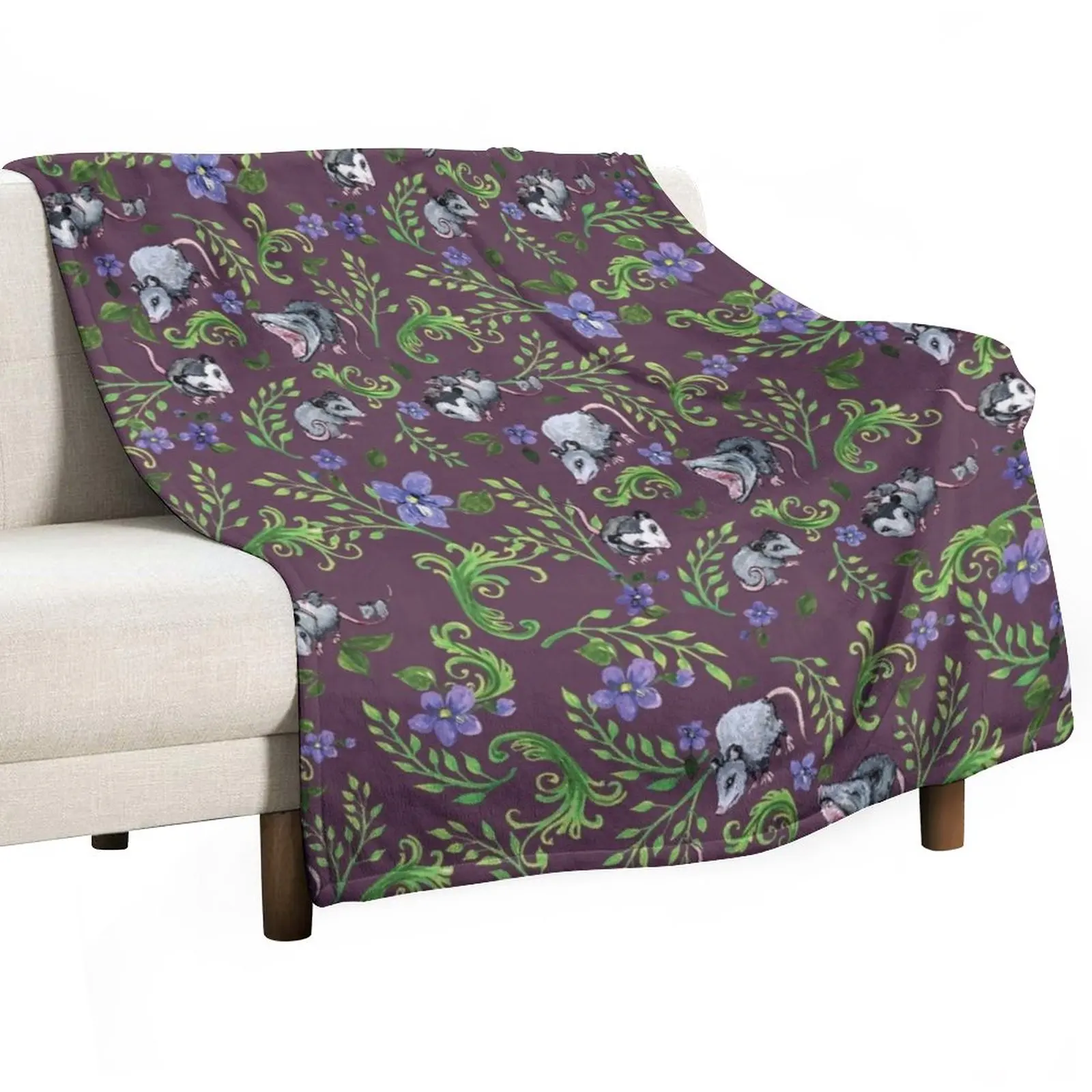 

Opossum, Fern, & Violet Print Throw Blanket Furry Blanket Luxury Blanket Shaggy Blanket sofa