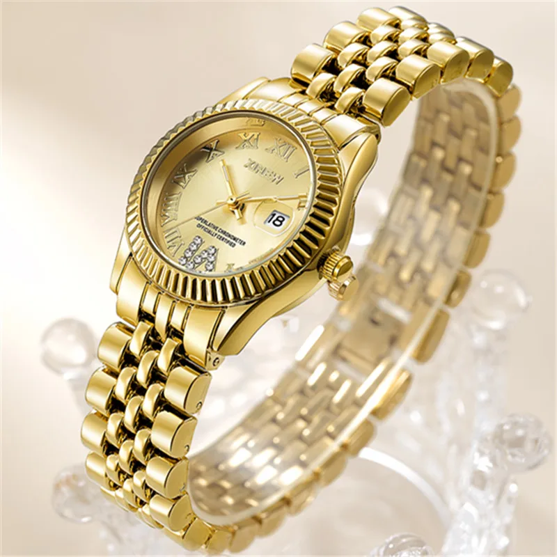 Ladies Big Brand Golden Watches Women Girls Casual Alloy Band Simple Dourado Date Quartz Watch Green Relogios Feminino Fashions 4