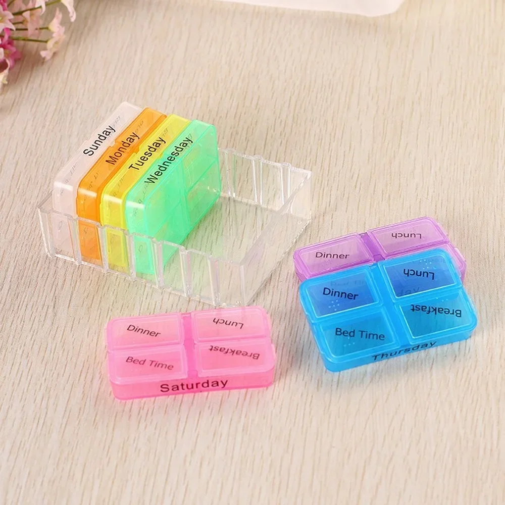 Colorful Weekly Pill Organizer with 7-Day 28-Compartment Design and Braille Labels for Secure Health Storage