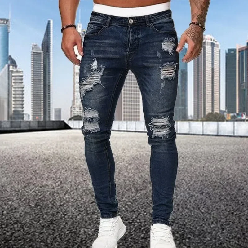 Retro Ripped Pencil Small Foot Skinny Jeans for Men Motorcycle Streetwear Stretch Straight Casual Slim Jeans Male