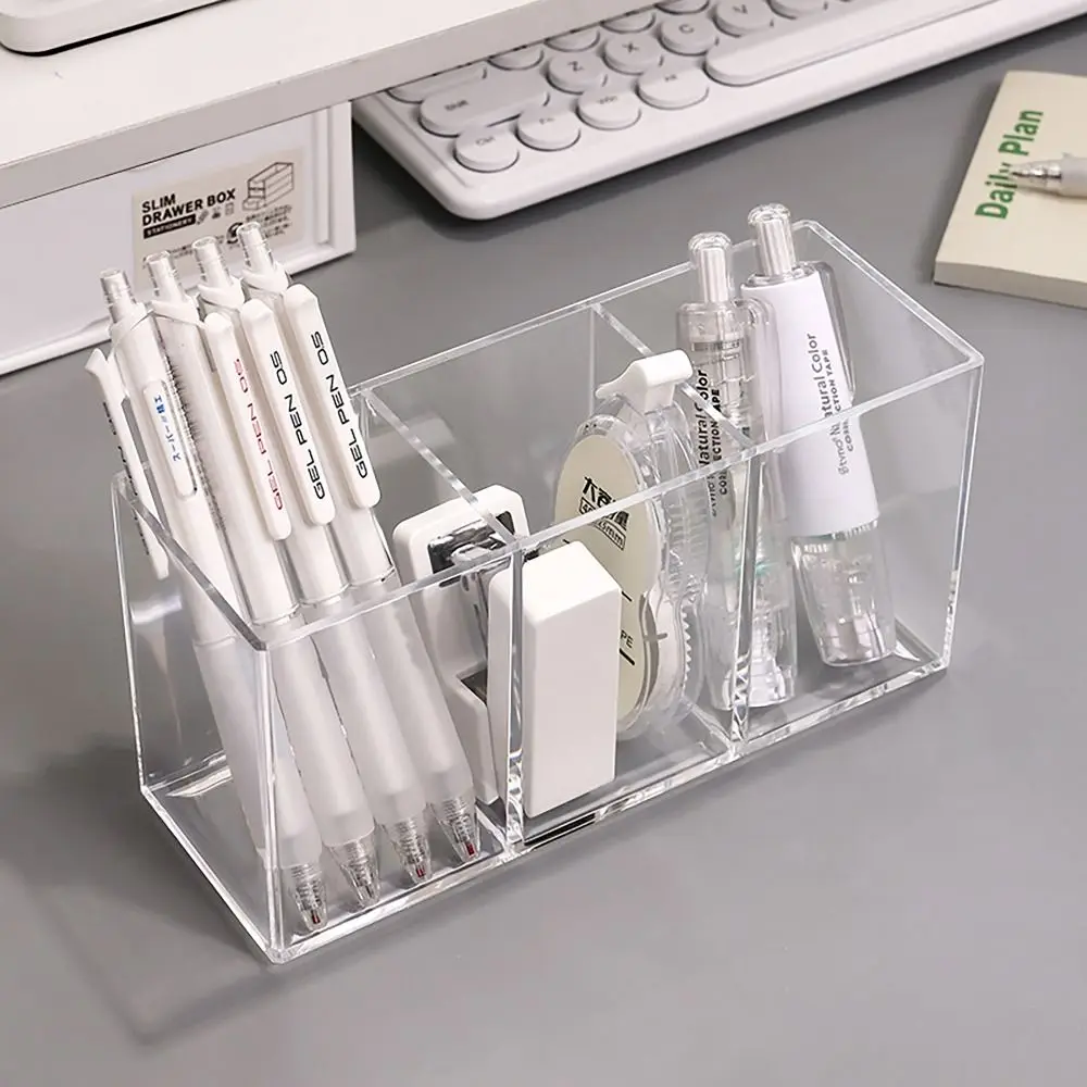 Desk Stationery Storage Pen Holder Transparent 3 Grids Pen Storage Box INS Style Large Capacity Pencil Container Students 5