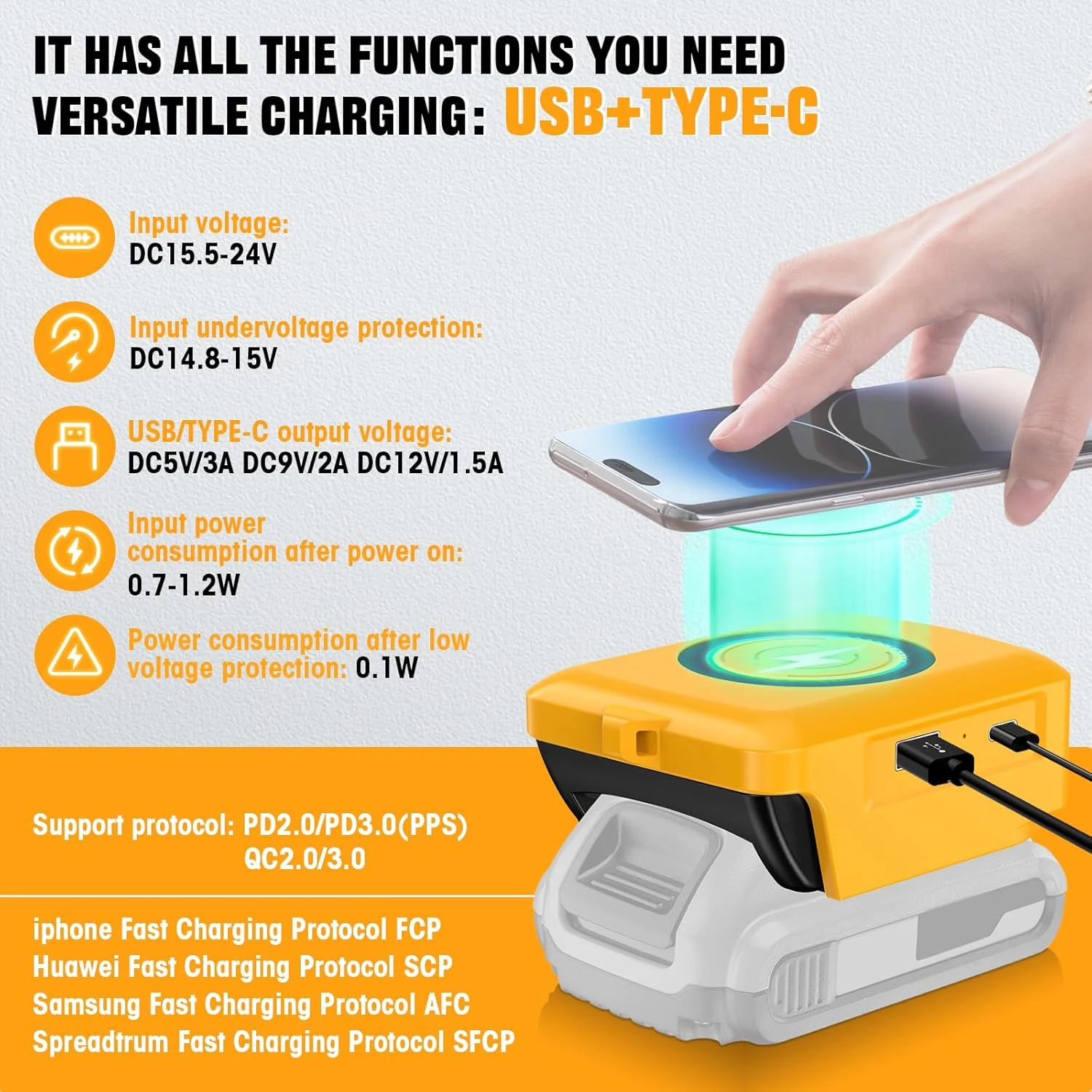 Dewalt 20V 리튬 이온 배터리용 무선 전화 충전기 USB 포트 및 TYPE C 포트가 있는 휴대폰 충전기 휴대용 야외용 보조 배터리