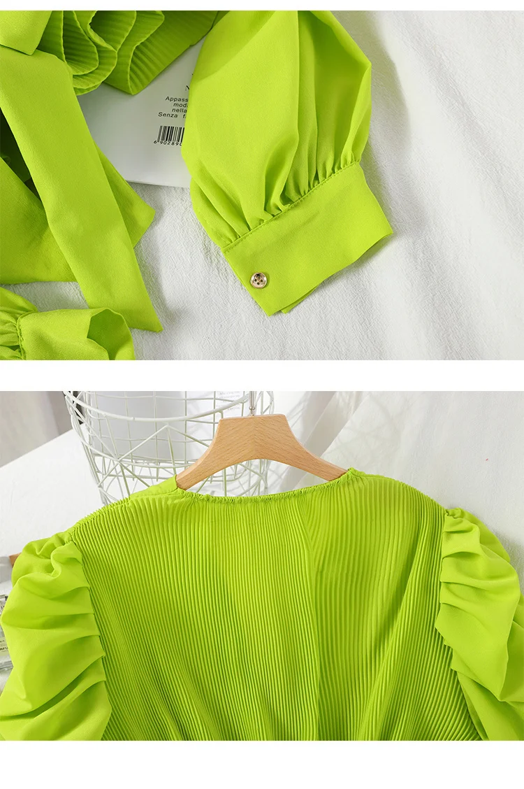 Camiseta de manga larga abombada para mujer, camisa con lazo de Color liso, con cintura cerrada y correa de temperamento, novedad de primavera y verano - Image 6