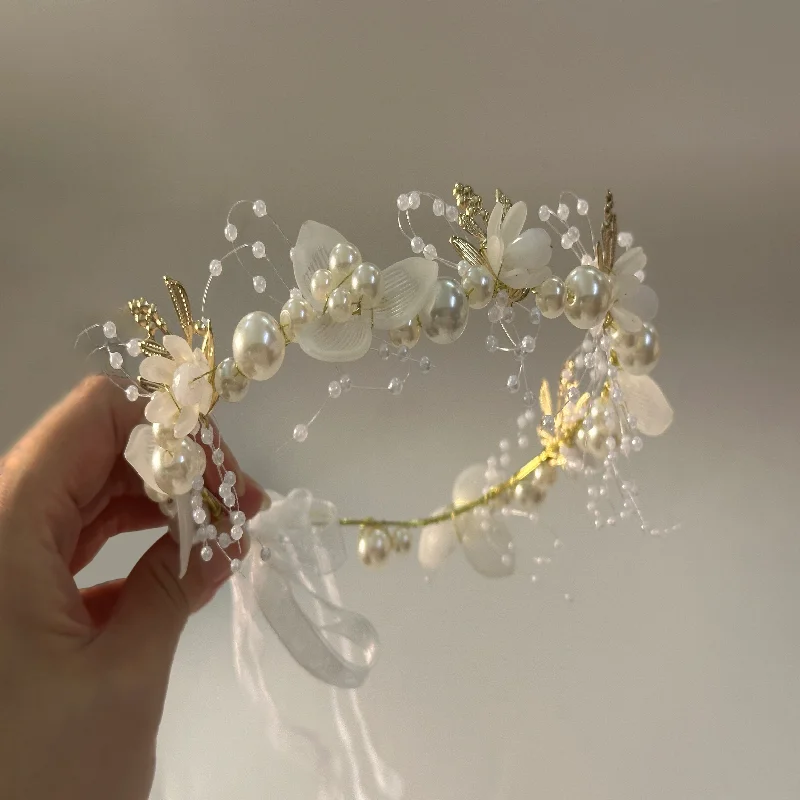Wedding Accessory Bride Crown Hair Crystal Jewelry Tiara With Pearls Flowers Wedding Crown Floral Pearl Bridal Headband - 4