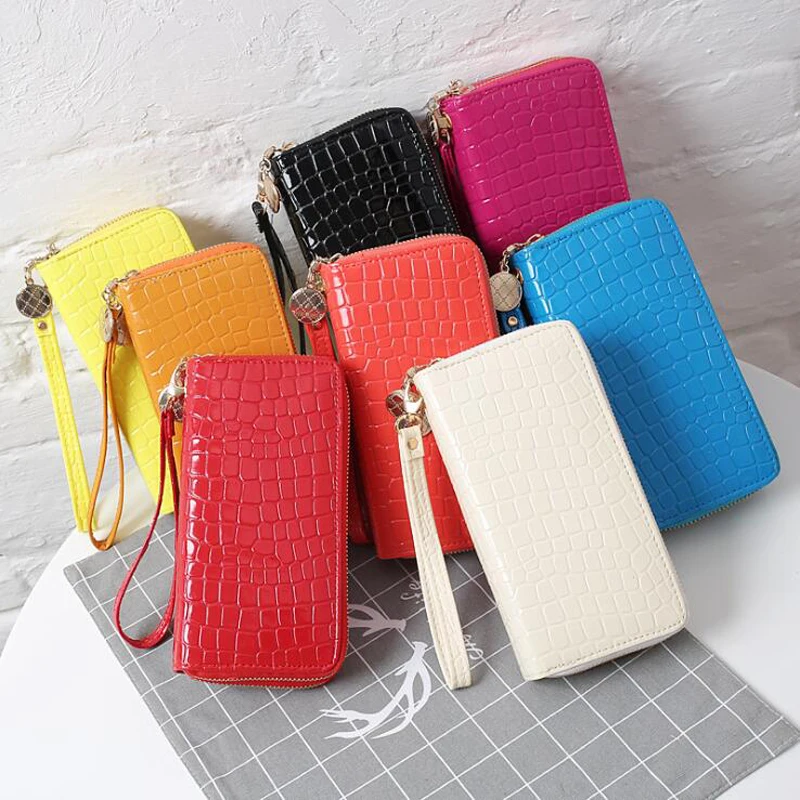 

Female Long Purse Fashion Bright Lacquered Coin Handbag Solid Color Double Zipper Larger Capacity Card Stone Pattern Long Wallet