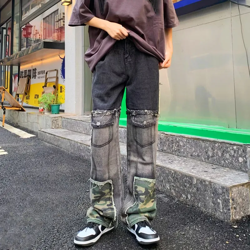

2023 Y2K Streetwear Camouflage Patchwork Baggy Stacked Cargo Jeans Pants For Men Clothing Hip Hop Denim Trousers Pantaloni Uomo