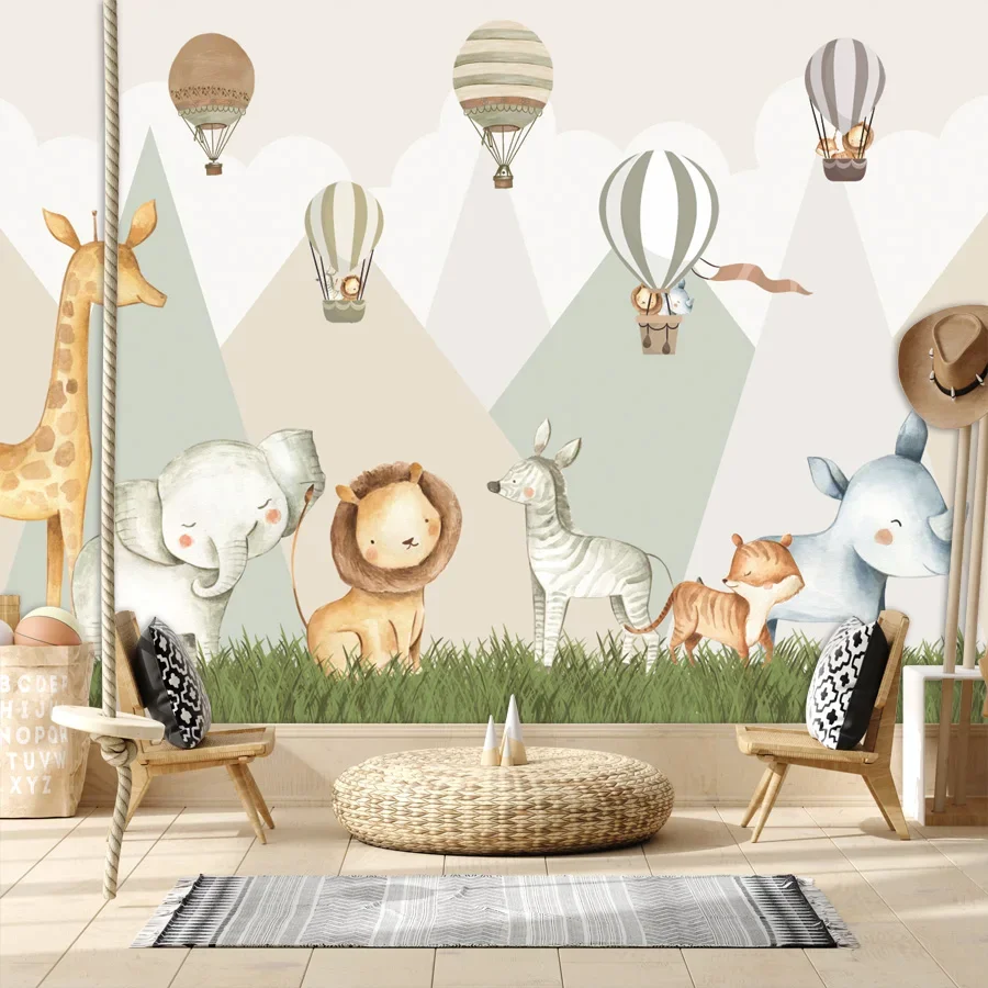 Custom Self Adhesive Accepted Cartoon Jungle Animals Baby\'s Bedroon Contact Walls Papers Home Decor Wallpapers for Living Room