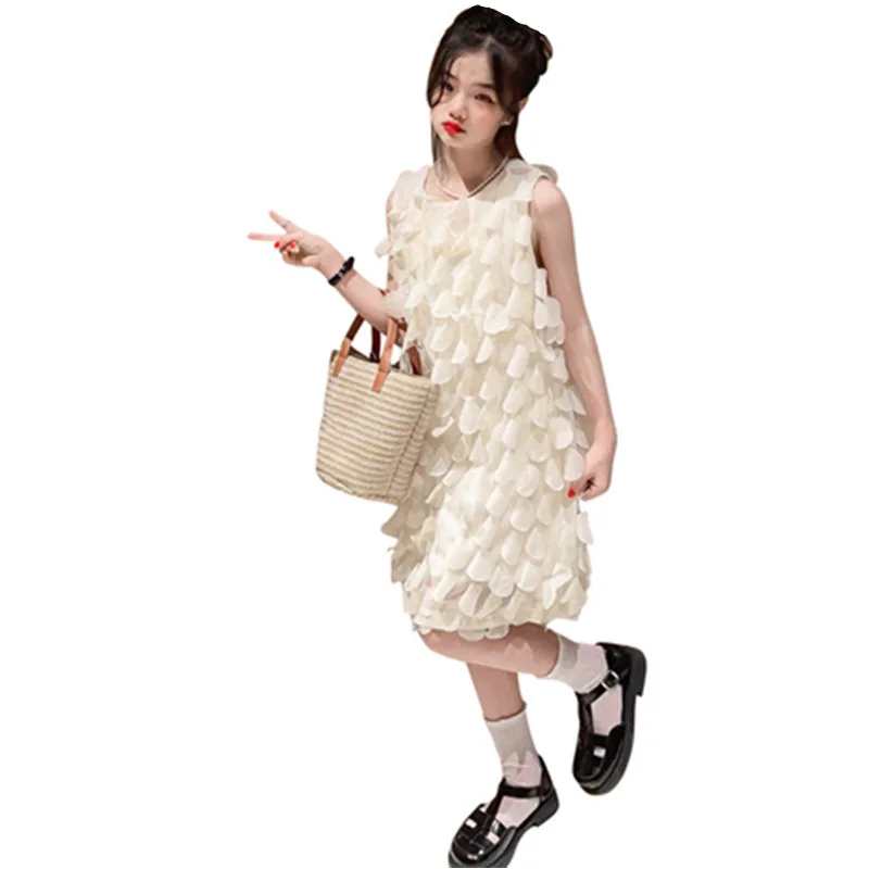 

Korean Teenage Girls Dresses with Flower Petals Design 2023 Summer Fashion Straight Sleeveless Casual Costume Children's Clothes