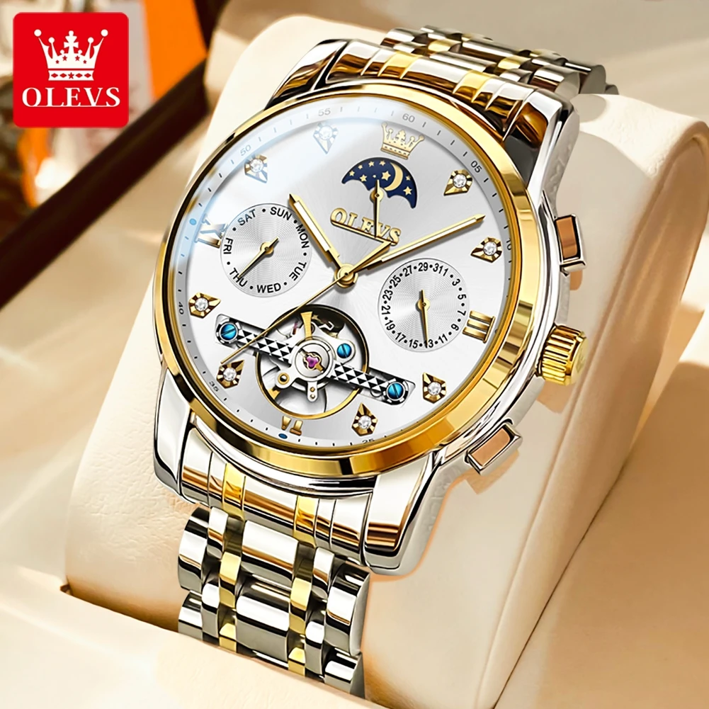 

OELVS 6678 New Waterproof Luminous Date Week Moon Watches Luxury Original Automatic Mechanical Tourbillon Wristwatch For Man