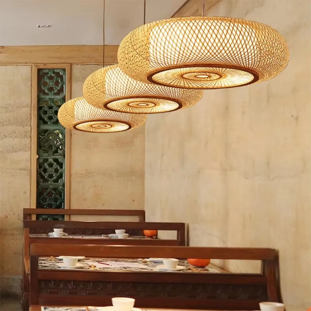 Round Natural Handmade Retro Classics Wicker Hand-woven Bamboo Pendant Light Rattan Pendant Light Bamboo Hanging Lampshade
