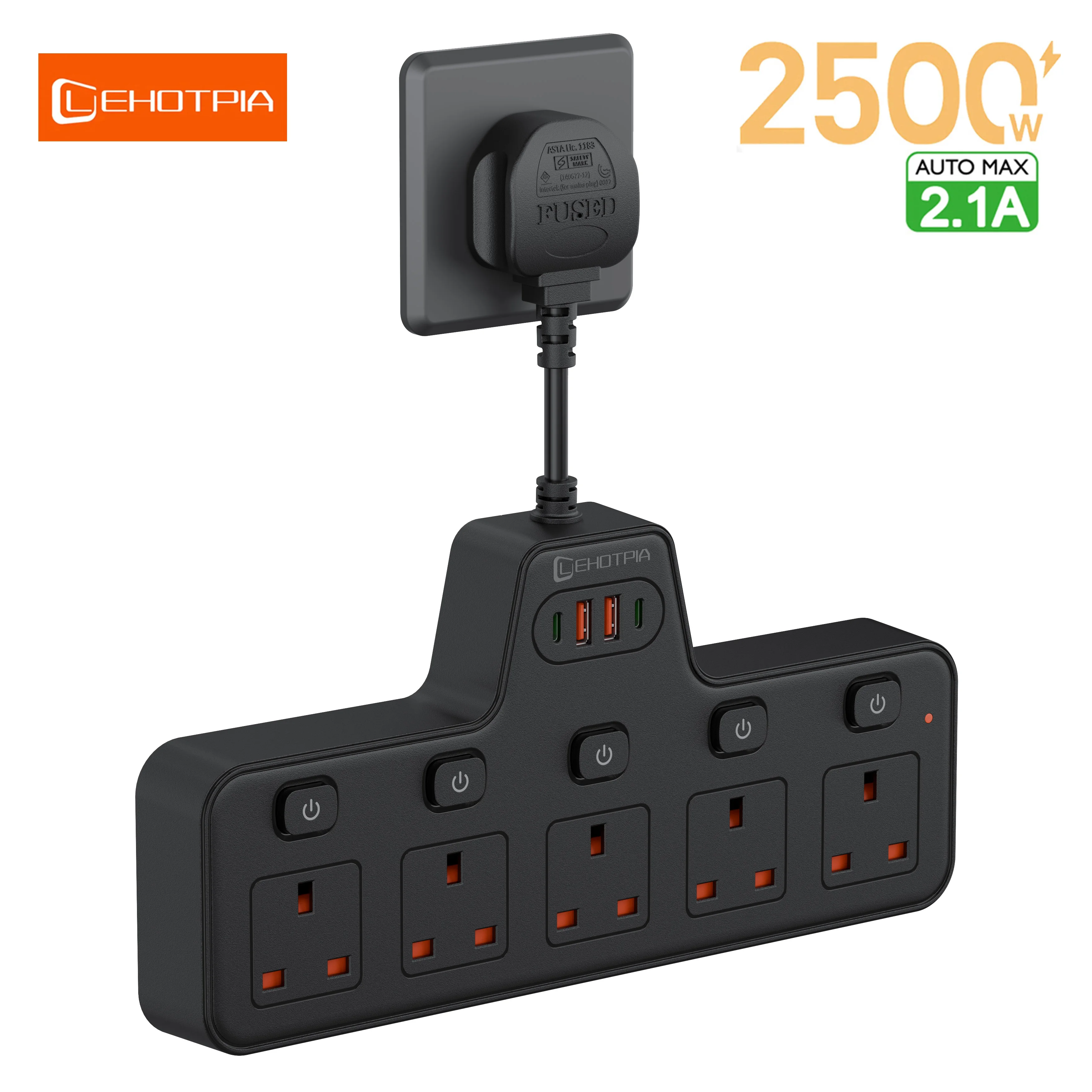 ปลั๊กไฟ AC ปลั๊ก UK 2500W พร้อมสวิตช์อิสระมัลติแทปเอาต์เล็ตเครือข่ายกรองพอร์ต USB C 2.1A อะแดปเตอร์ชาร์จเร็ว 1