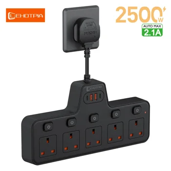 UK Plug AC Power Strip 2500W With Independent Switches Multitap Outlet Network Filter USB C Ports 2.1A Fast Charging Adapter 1