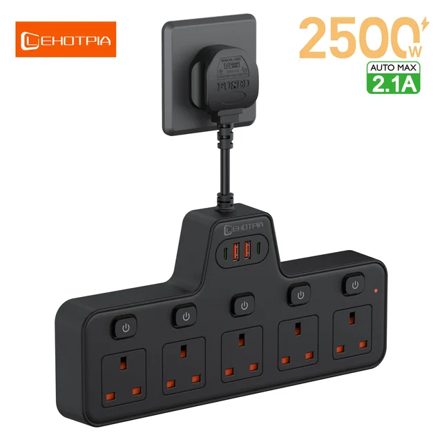 ปลั๊กไฟ AC ปลั๊ก UK 2500W พร้อมสวิตช์อิสระมัลติแทปเอาต์เล็ตเครือข่ายกรองพอร์ต USB C 2.1A อะแดปเตอร์ชาร์จเร็ว 1