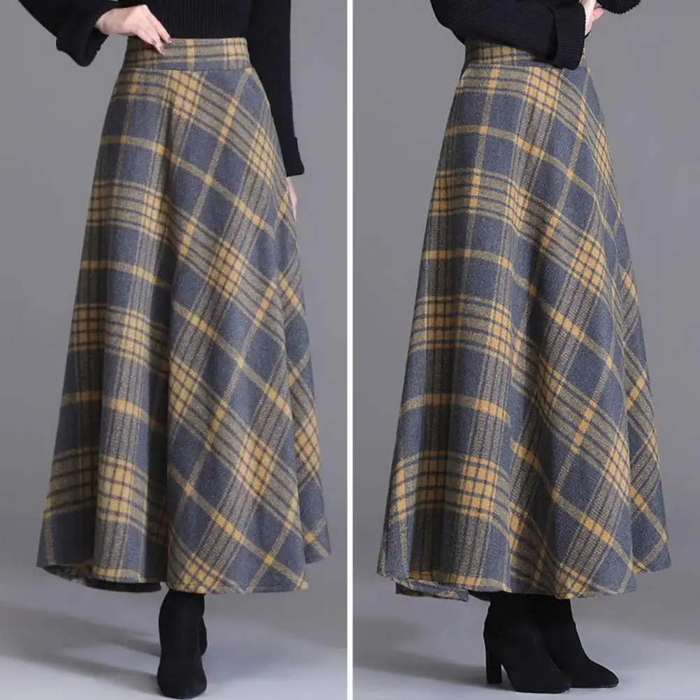 

Plaid Skirt Plaid Print A-line Maxi Skirt with High Elastic Waist Retro Warm Soft Ankle Length for Fall Winter Women Wide-swing