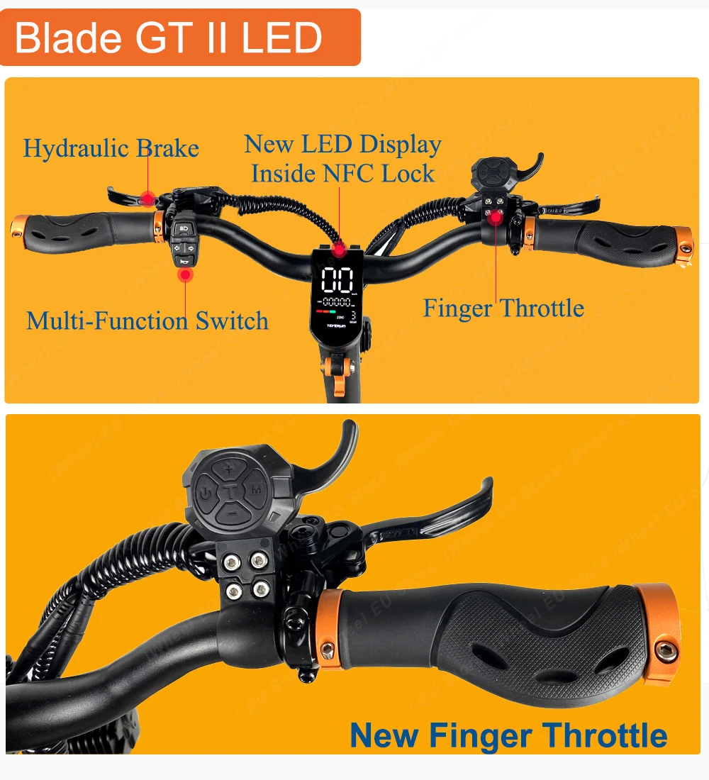 Blade GT II 60V 26Ah Dual Motor 2*1600W LED Display NFC Top Speed 85km/h Full Hyd Brake Finger Throttle 10inch Teverun Scooter