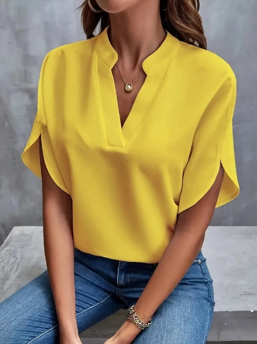 Casual Solid Color V-Neck Irregular Sleeve Design, Loose Fitting Shirt, New Top for Women's Summer Wear, Daily Commuting Wear