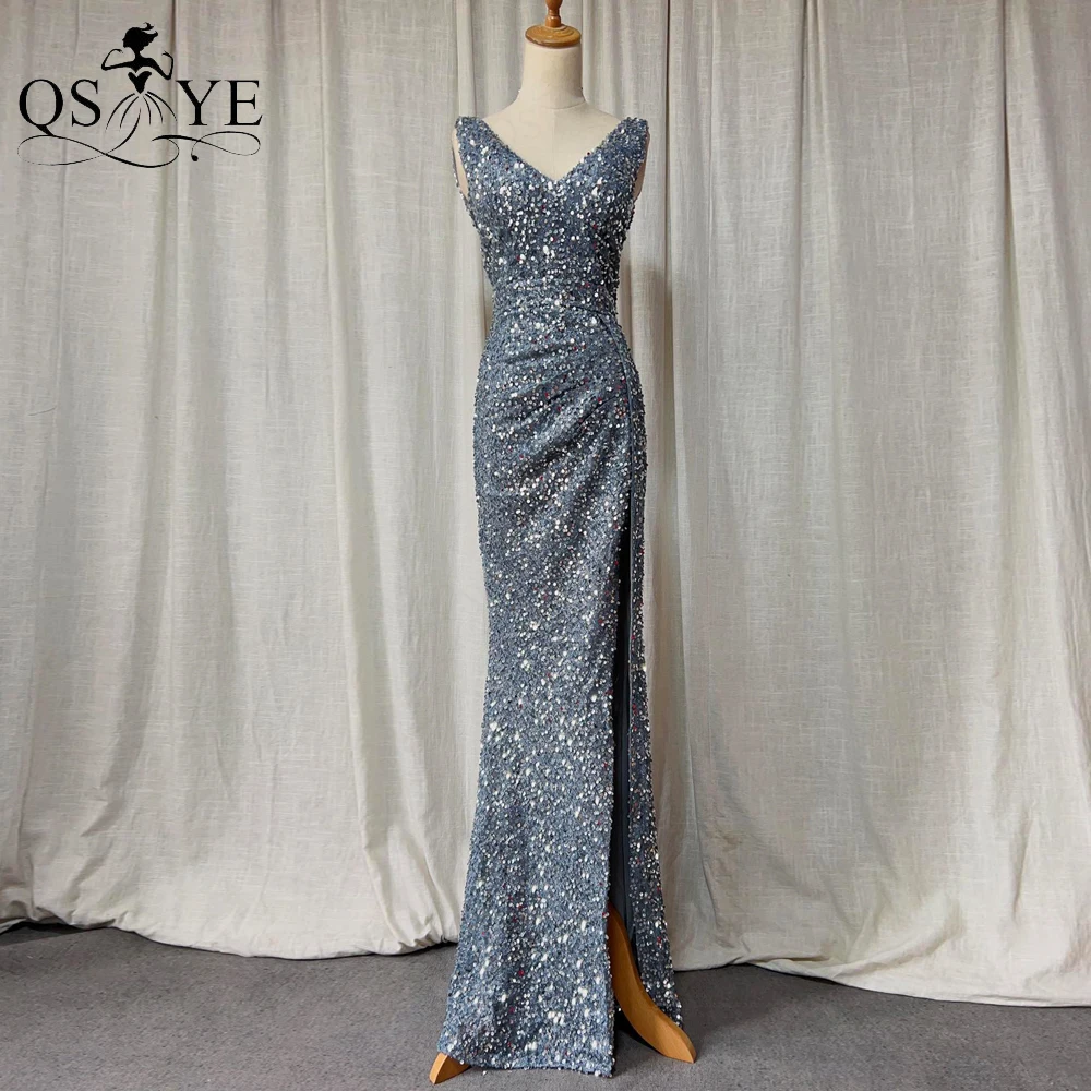 Crystals Gray Sequin Strapless Deep Neck Panel Train Formal Gown