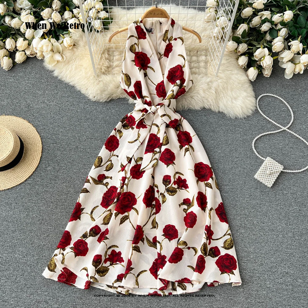 

Retro Floral Print Sleeveless Elegant Flare Dress A-line Casual Beach Vacation Dress Women Evening Party Summer Dress VP0250