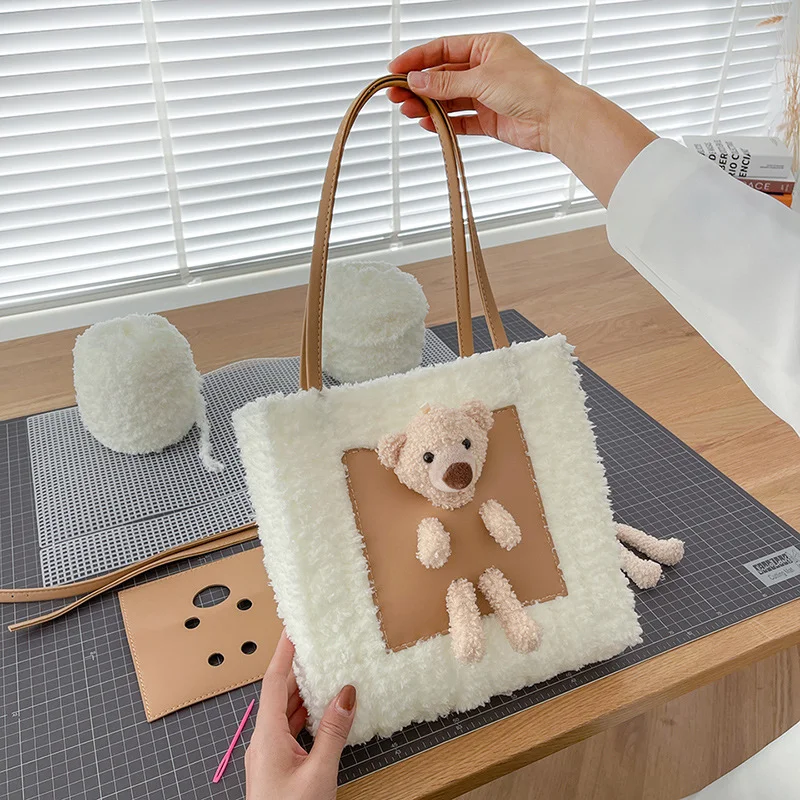 

Women Winter Shoulder Bag Lamb Wool Warm Soft Hand Woven Bag Autumn Square Cross-body Portable Casual Girls Preppy Style DIY