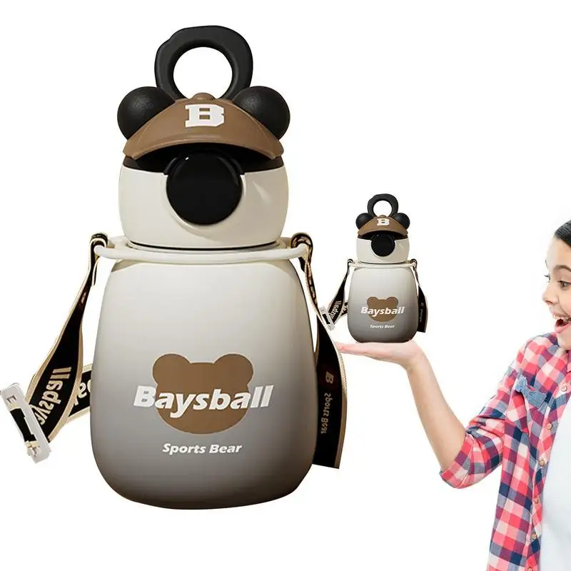 

Kids Water Bottle With Strap 650ml Cartoon Drinking Cups For Girls Gradient Frosted Color Portable Leakproof Hat Bear Design