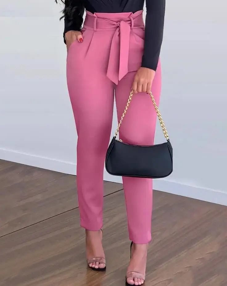 Elegant Chic New High Waist Tied Detail Casual Daily Skinny Office LadyLong Work Pants Women 2022 All-Match Female clothing