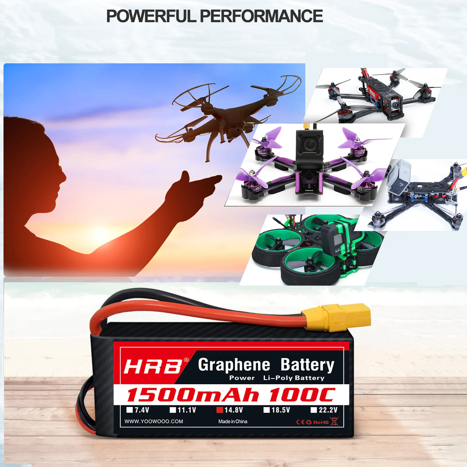 Batterie LiPo 2S 1800mAh 100C XT60 pour drone et voiture RC sur fond blanc